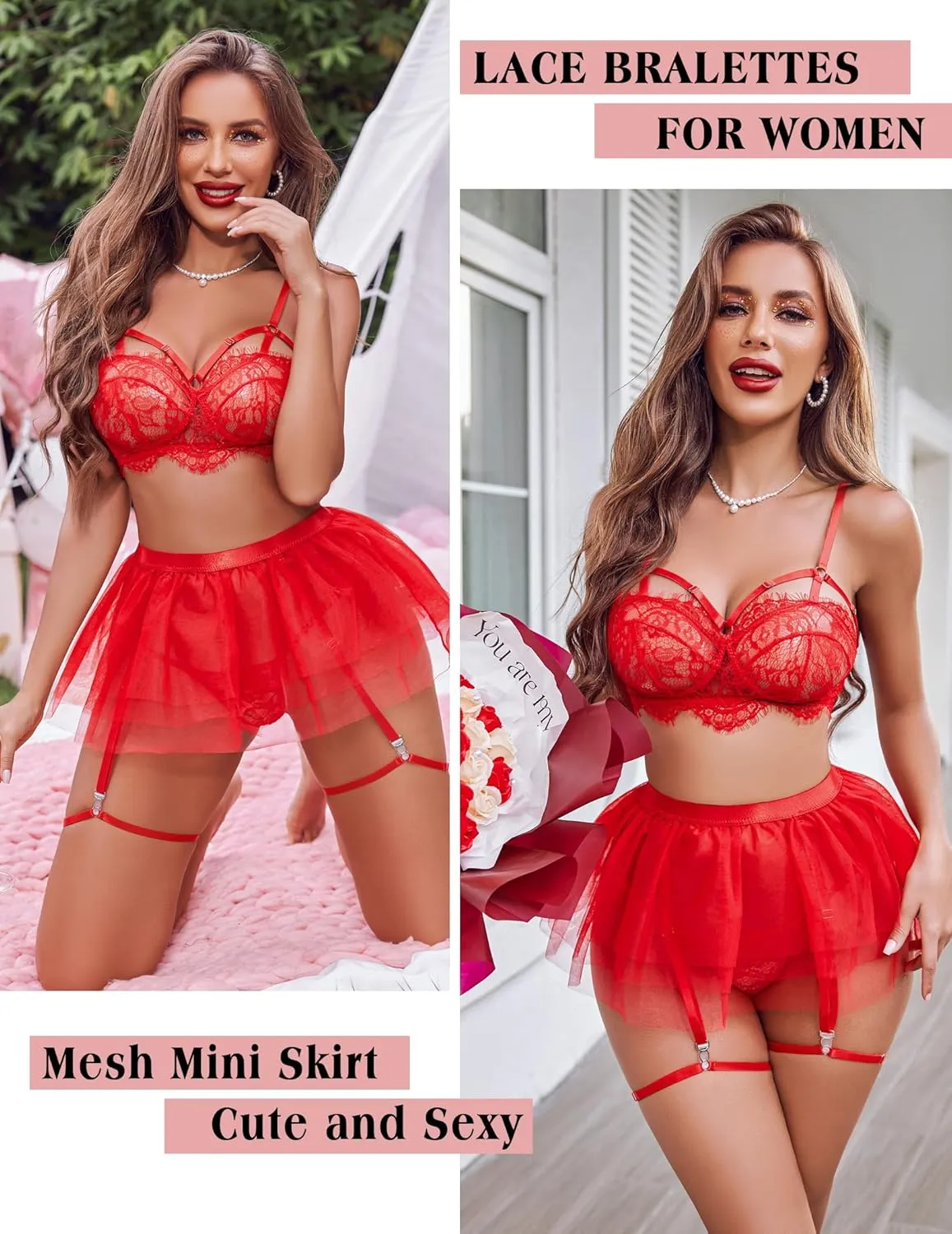 Avidlove Lace Garter Lingerie for Women Mesh Mini Skirt Nightwear Babydoll Bodysuit
