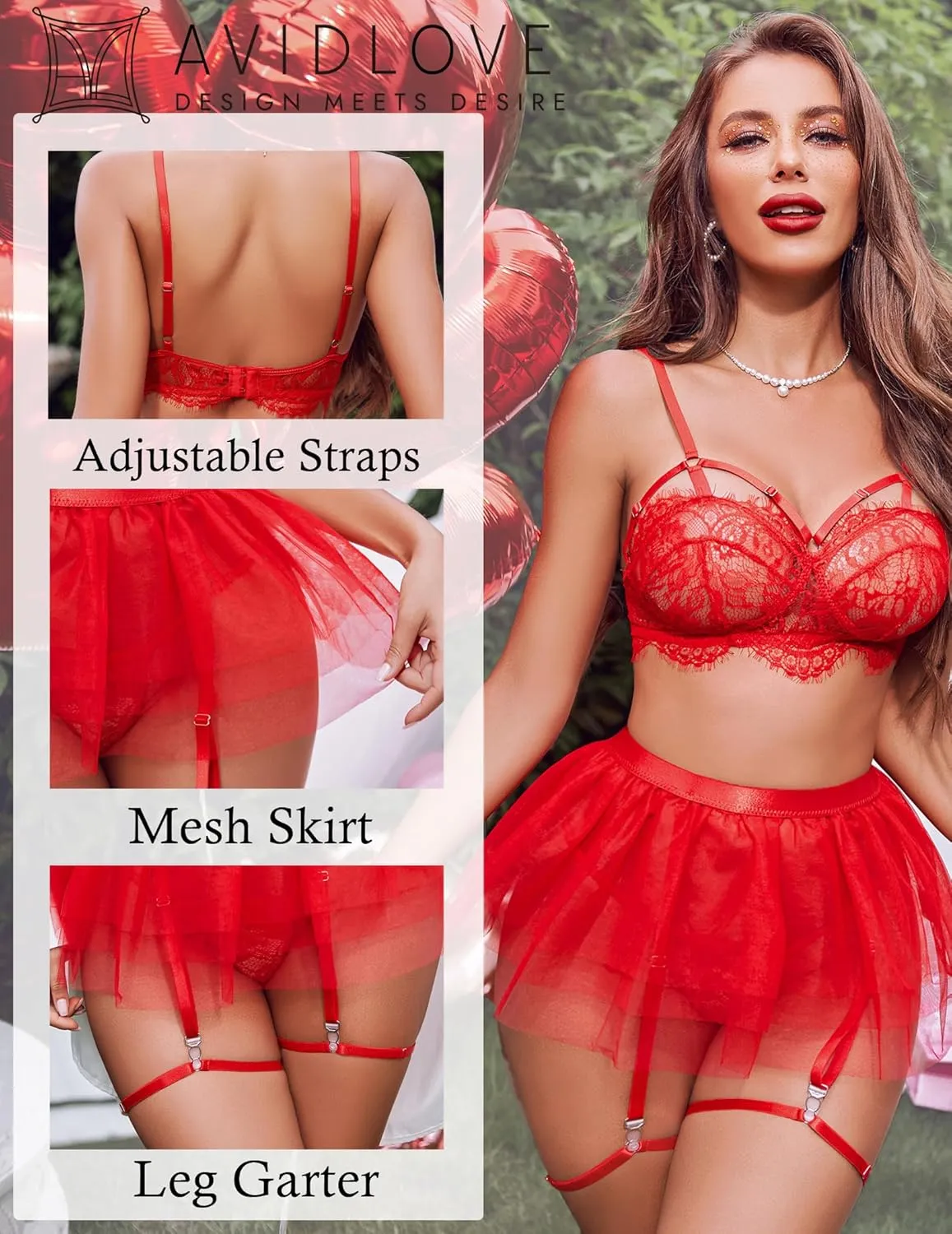 Avidlove Lace Garter Lingerie for Women Mesh Mini Skirt Nightwear Babydoll Bodysuit
