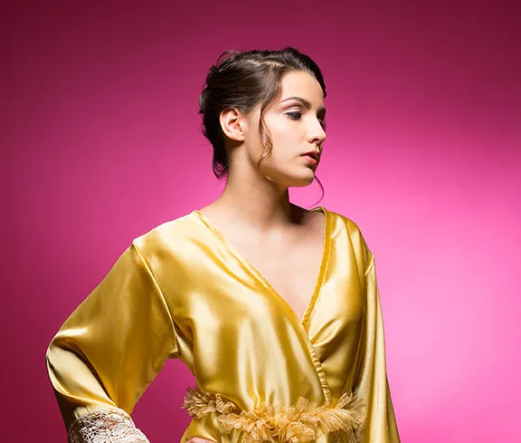 Gold Satin Robe with Ivory Lace Accented Cuffs
