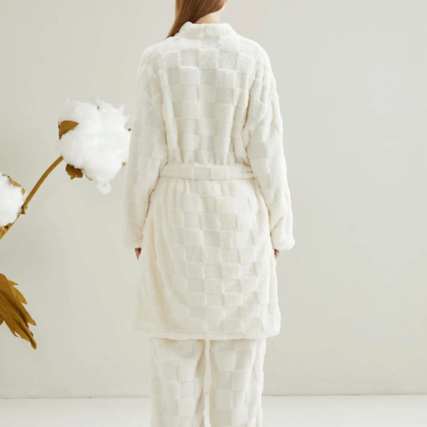 HGps8w 2 Piece Outfits for Women Fuzzy Fleece Lounge Sets, Long Belted Bath Robe & Soft Long Pants Pajamas Sleepwear