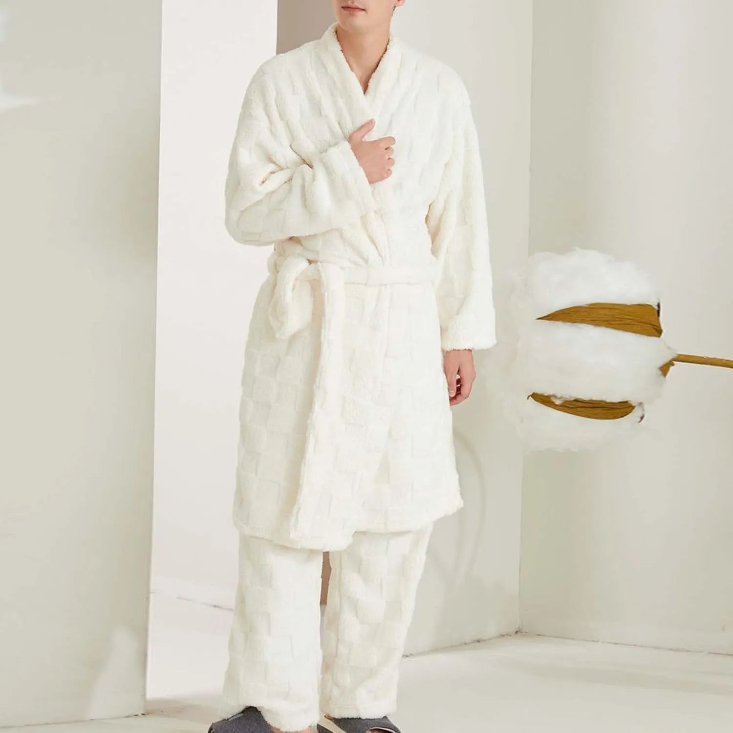 HGps8w 2 Piece Outfits for Women Fuzzy Fleece Lounge Sets, Long Belted Bath Robe & Soft Long Pants Pajamas Sleepwear