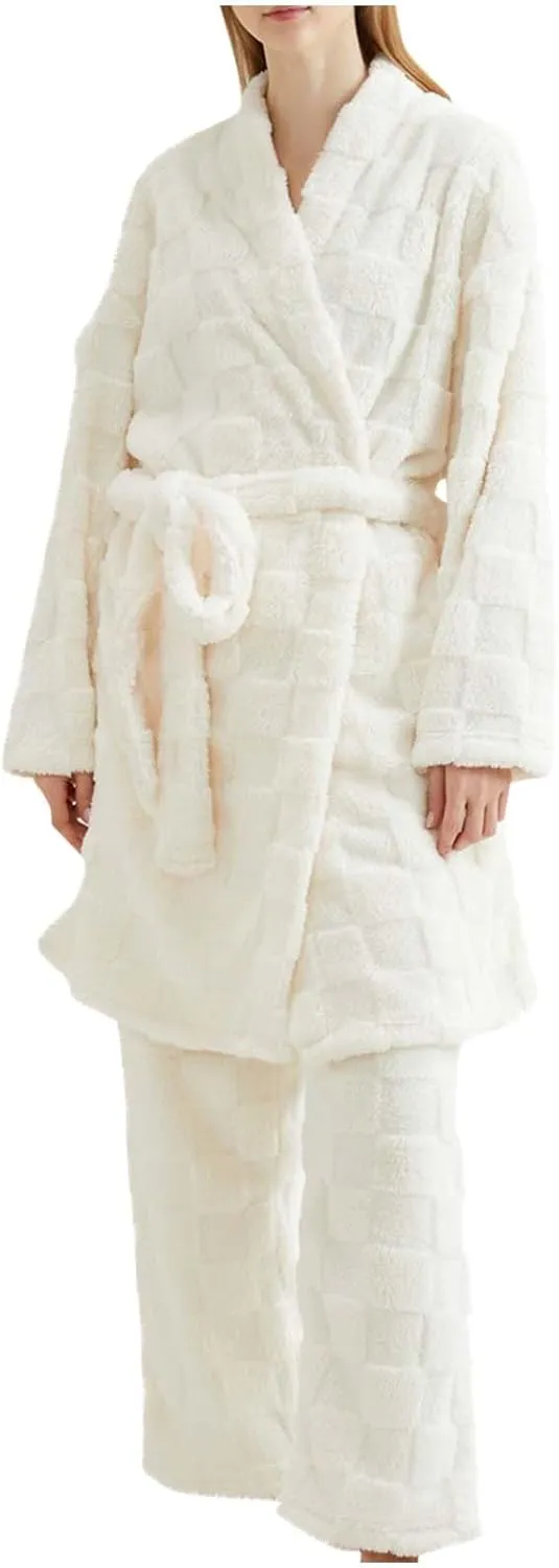 HGps8w 2 Piece Outfits for Women Fuzzy Fleece Lounge Sets, Long Belted Bath Robe & Soft Long Pants Pajamas Sleepwear