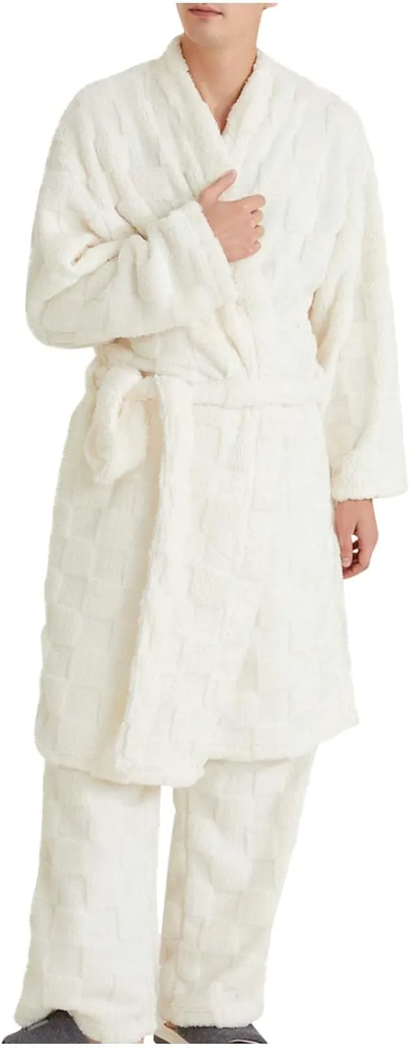 HGps8w 2 Piece Outfits for Women Fuzzy Fleece Lounge Sets, Long Belted Bath Robe & Soft Long Pants Pajamas Sleepwear