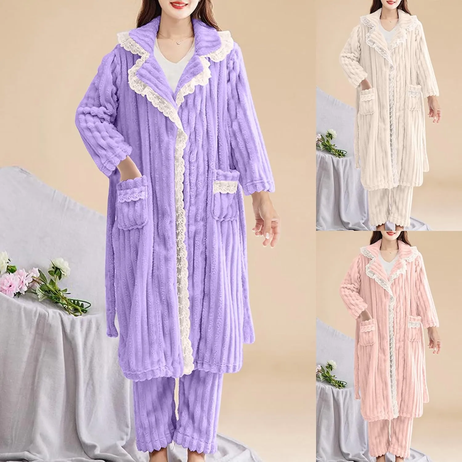 HGps8w Womens Warm Winter Flannel Pajamas Sets Lace Trim Long Sleepwear Top & Pjs Bottoms Soft Fleece 2PC Lounge Outfits