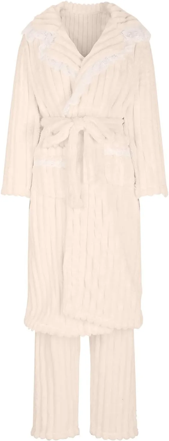 HGps8w Womens Warm Winter Flannel Pajamas Sets Lace Trim Long Sleepwear Top & Pjs Bottoms Soft Fleece 2PC Lounge Outfits