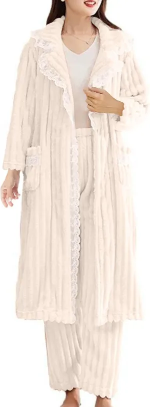 HGps8w Womens Warm Winter Flannel Pajamas Sets Lace Trim Long Sleepwear Top & Pjs Bottoms Soft Fleece 2PC Lounge Outfits