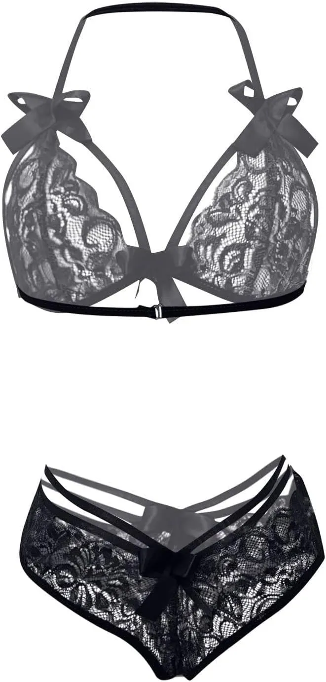 maisdgop Women Lingerie Set Sexy Lace Bow Hollow Out Bodysuit Fashion See Through Underwear Outfit Open File Erotic Bra Sets