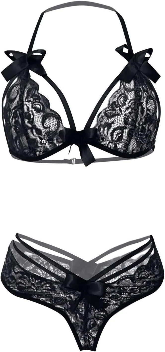 maisdgop Women Lingerie Set Sexy Lace Bow Hollow Out Bodysuit Fashion See Through Underwear Outfit Open File Erotic Bra Sets