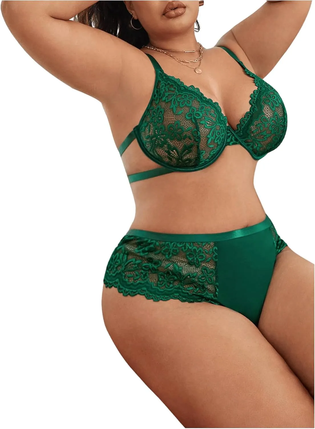 MakeMeChic Women's Plus Size Lace Lingerie Sets 2 Piece Matching Bra and Panty Set
