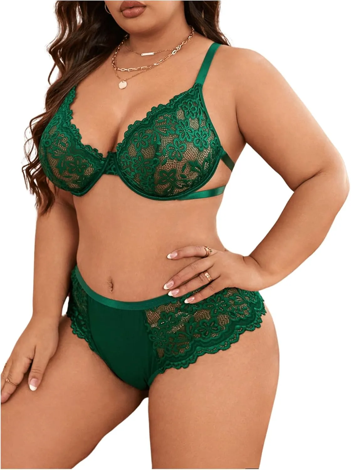 MakeMeChic Women's Plus Size Lace Lingerie Sets 2 Piece Matching Bra and Panty Set