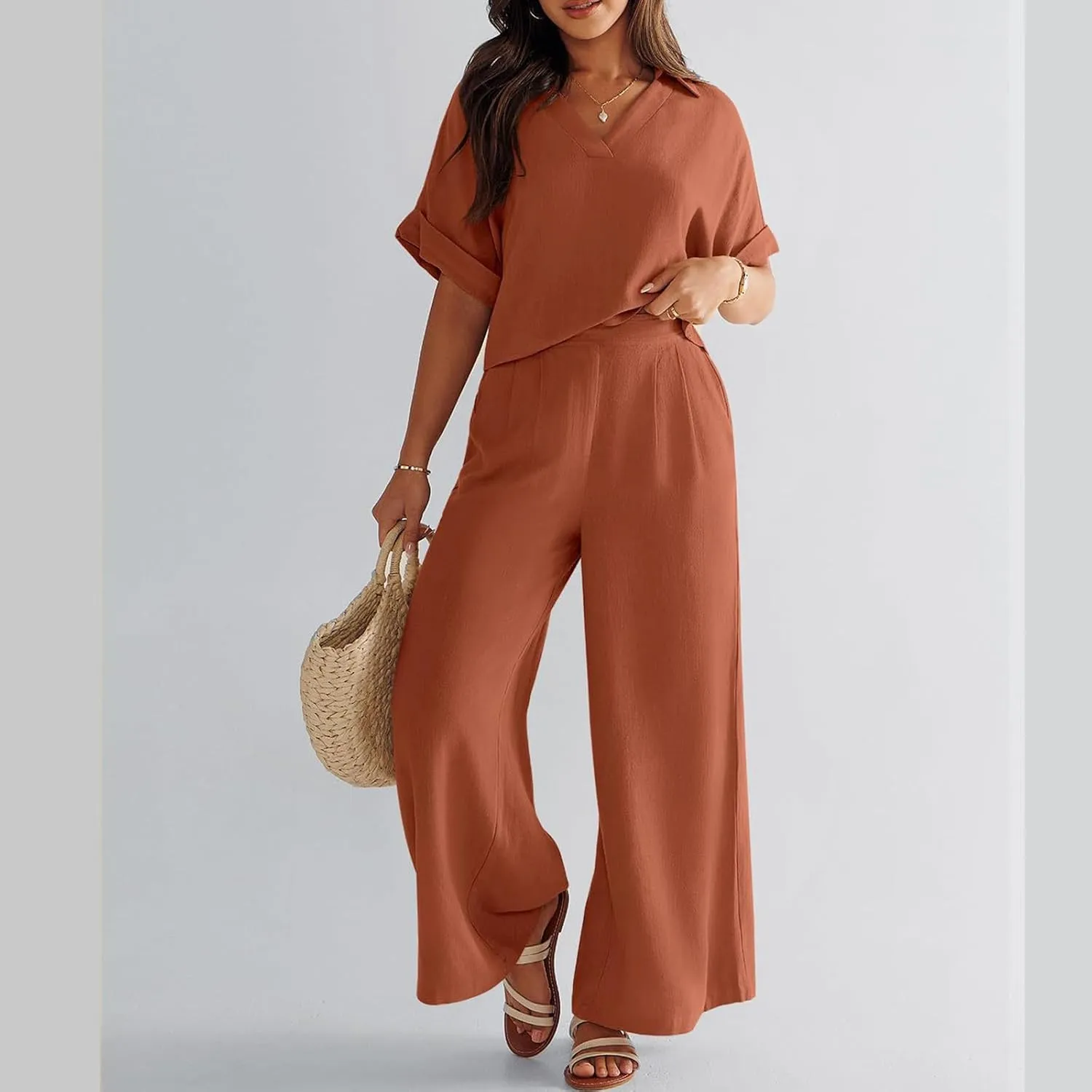 Pants Sets Women 2 Piece Outfits Summer Casual Short Sleeve Polo Shirts and Pant Set Tracksuit Matching Outfit