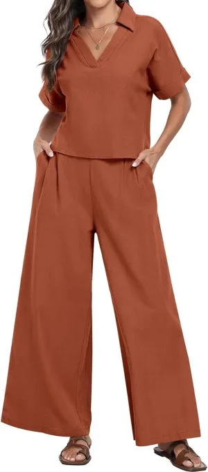 Pants Sets Women 2 Piece Outfits Summer Casual Short Sleeve Polo Shirts and Pant Set Tracksuit Matching Outfit