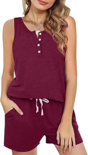 Summer Vacation Outfits for Women Buttons Down Henley Tank Top and Elastic Waisted Drawstring Shorts Tracksuit