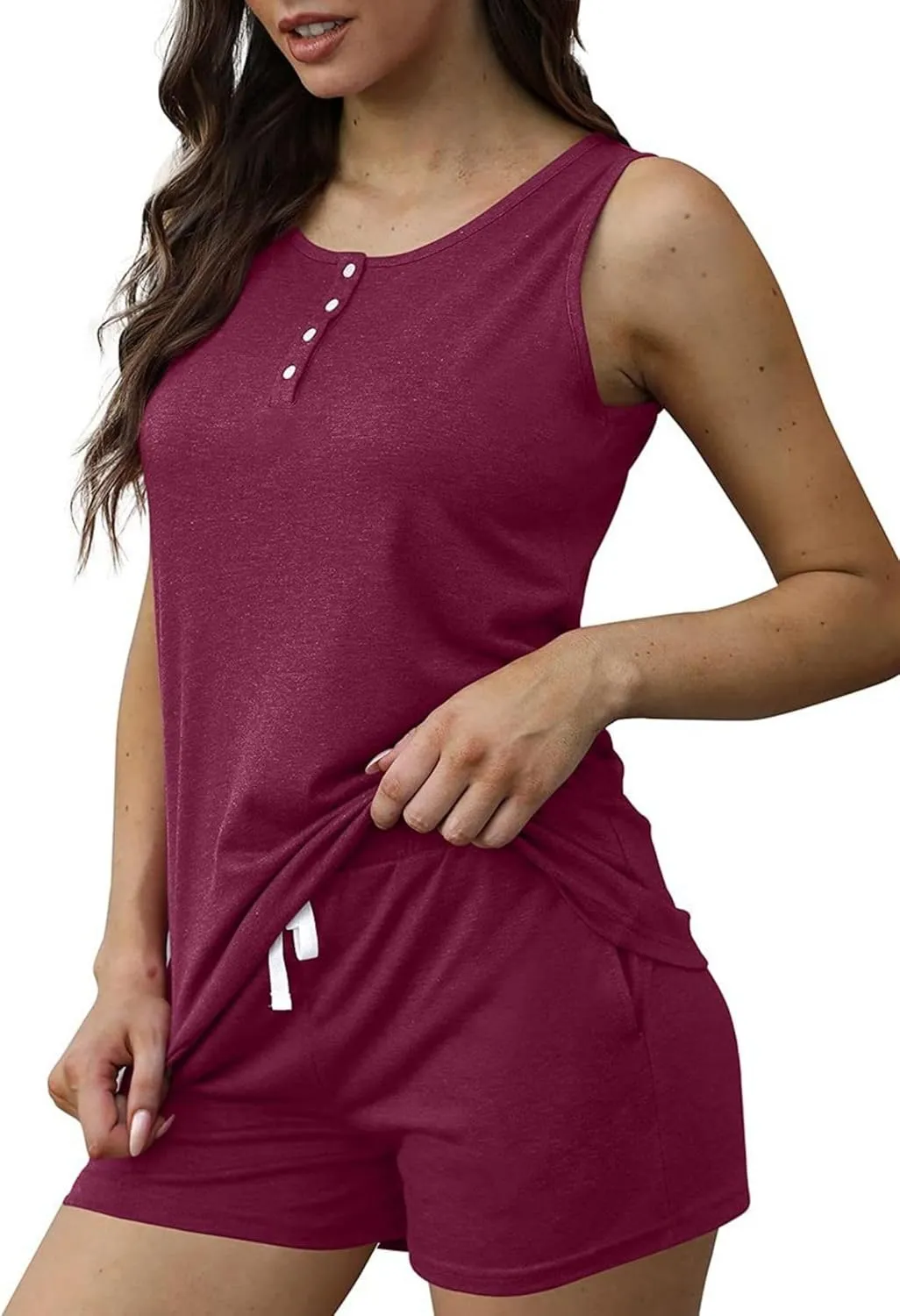 Summer Vacation Outfits for Women Buttons Down Henley Tank Top and Elastic Waisted Drawstring Shorts Tracksuit
