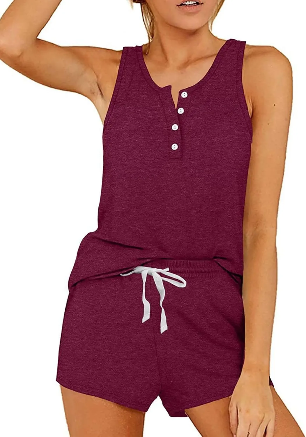 Summer Vacation Outfits for Women Buttons Down Henley Tank Top and Elastic Waisted Drawstring Shorts Tracksuit