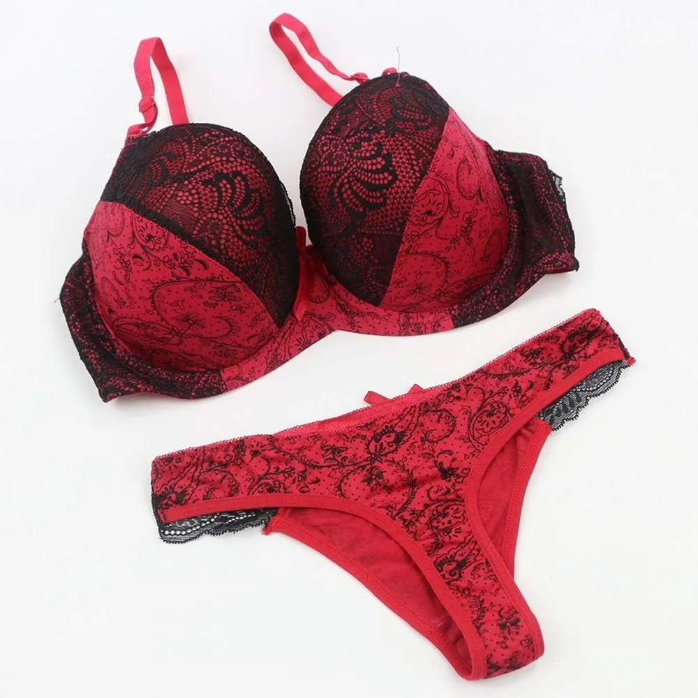 Swbreety Women's Comfortable Push Up Embroidery Lace Bra and Panty Set Plus Size