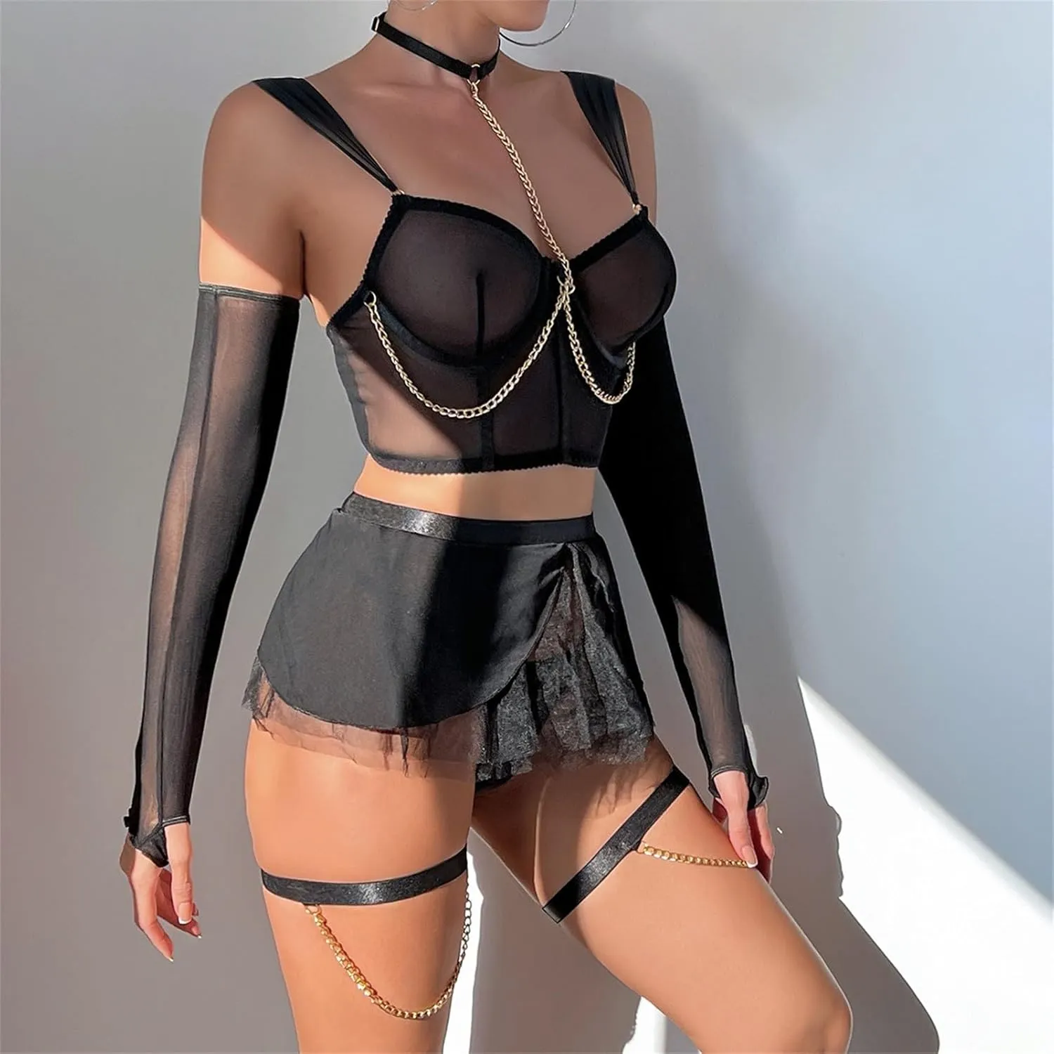 TUQIDEWU Sexy Lingerie for Women Naughty, Women's Lingerie 5 Piece Bralette, Panty, Gloves, Mini Skirt with Leggings Set 2025