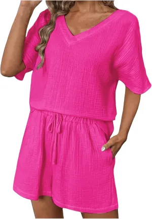 Women's 2 Piece Outfits V Neck Puff Sleeve Tops Short Set Lounge Matching Sets 2023 Trendy Beach Clothes with Belt