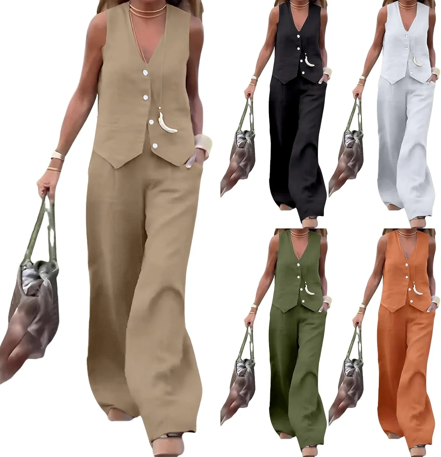 Womens Blazer Sets Two Piece Outfits Sleeveless Halter V-Neck Button Front Crop Blazer Suit Vest Wide Leg Pants
