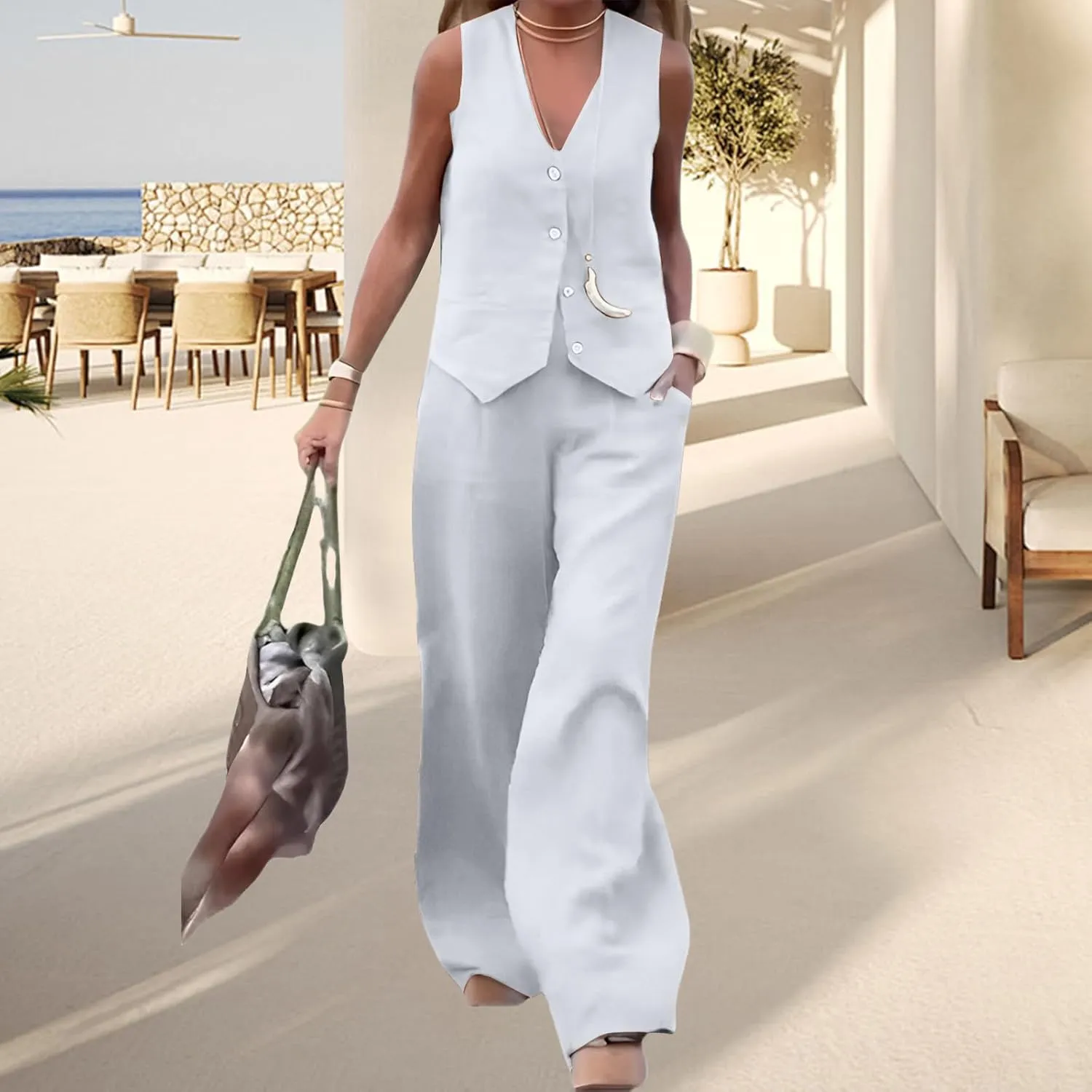 Womens Blazer Sets Two Piece Outfits Sleeveless Halter V-Neck Button Front Crop Blazer Suit Vest Wide Leg Pants