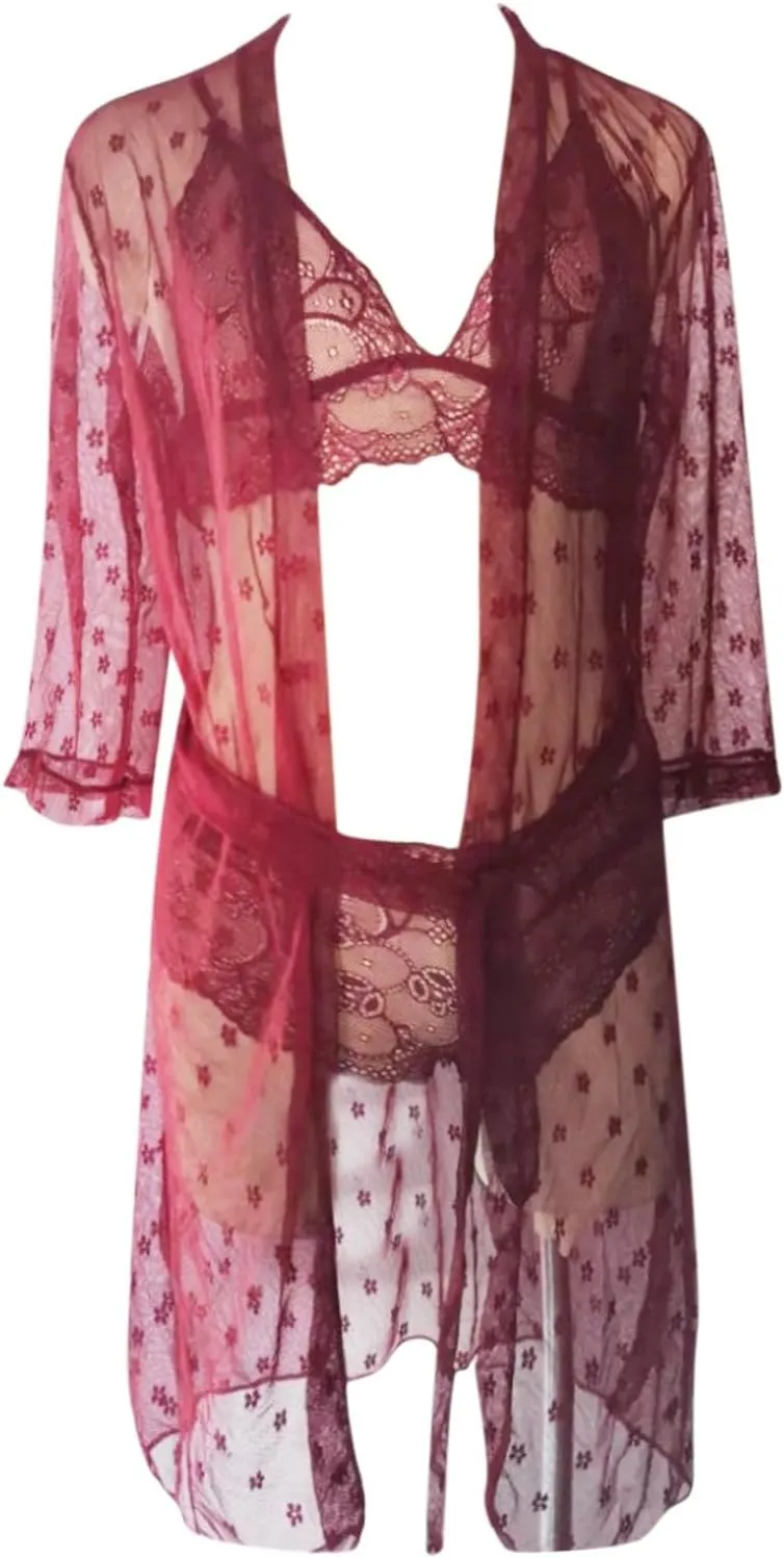 Women's Underwear Sexy Lace Mesh Women's Bathrobe See Through Underwear Three Push up Lingerie for Women Sexy