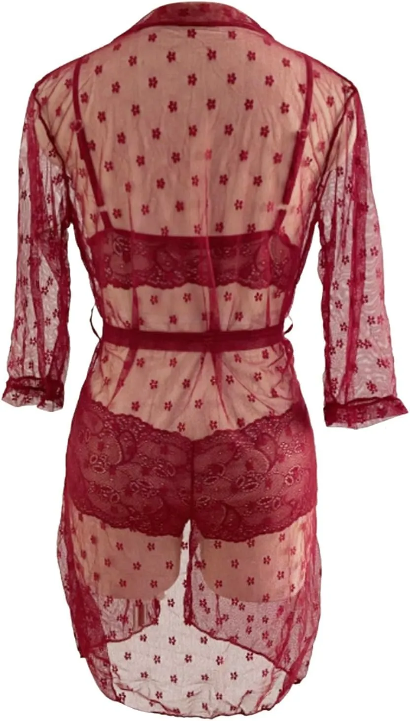 Women's Underwear Sexy Lace Mesh Women's Bathrobe See Through Underwear Three Push up Lingerie for Women Sexy