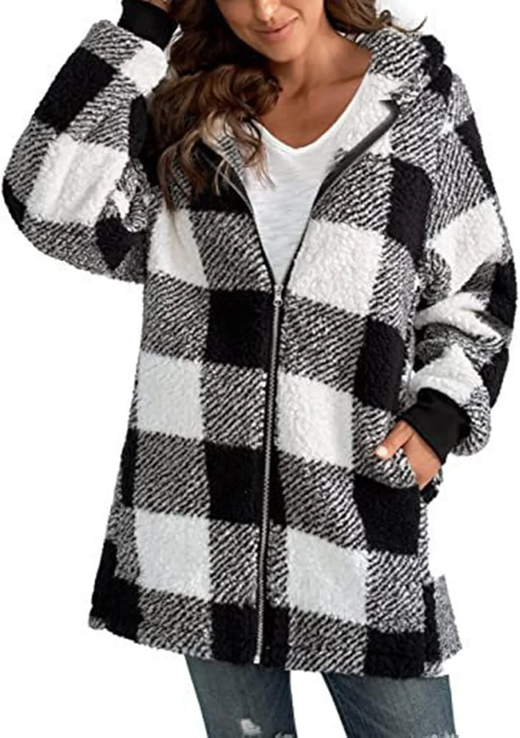 XUETON Women's Casual Wool Blend Flannel Plaid Shackets Zip Up Winter Lightweight Thermal Tartan Over Shirt Trench Coat(Black,X-Large)