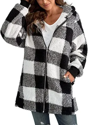 XUETON Women's Casual Wool Blend Flannel Plaid Shackets Zip Up Winter Lightweight Thermal Tartan Over Shirt Trench Coat(Black,X-Large)