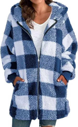 XUETON Women's Casual Wool Blend Flannel Plaid Shackets Zip Up Winter Lightweight Thermal Tartan Over Shirt Trench Coat(Blue,Large)