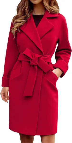 XUETON Womens Open Front Duster Trench Coat Winter Wool Blend Pea Coat Oversized Warm Lapel Work Business Jacket Outerwear(Red,X-Large)