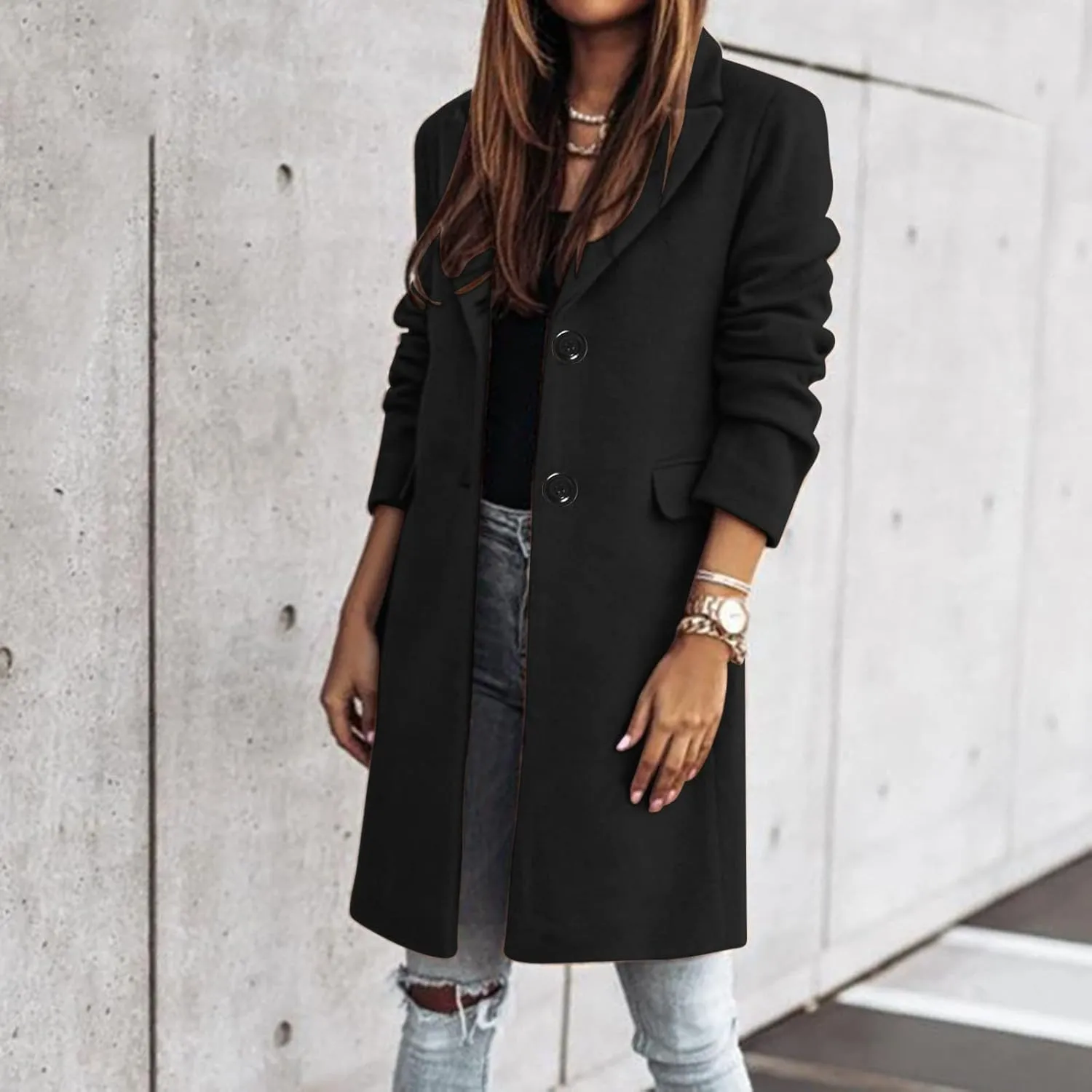 ZYXTIM Womens Classic Coat Lapel Collar Long Sleeve Open Front Two Button Wool Blend Winter Tartan Long Cardigan Jackets